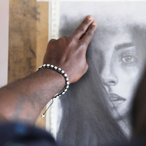 Model Wearing Lisa Angel Men's Black Cord and Resin Terrazzo Bead Bracelet