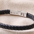 Engraved Personalised Men's Woven Bracelet with Magnetic Clasp on beige fabric