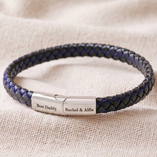 Personalised Men's Woven Leather Bracelet in Black and Blue