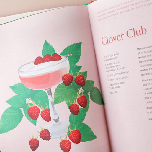 Cocktail Botanica Book Open on Page Detailing Clover Club