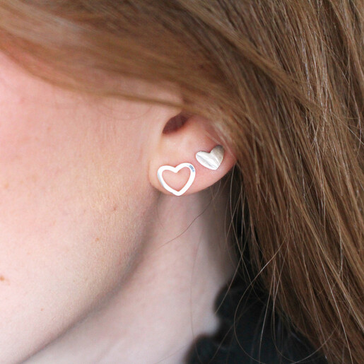 Model Wearing Heart Studs From Silver Heart Stud Earrings, Necklace and Beaded Bracelet Set