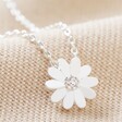 Close Up of Daisy Pendant On Necklace From Silver Daisy Earrings, Daisy Necklace, and Bar Bracelet Set