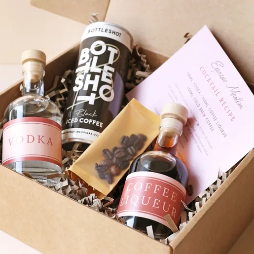 Contents of the Espresso Martini Cocktail Kit inside box