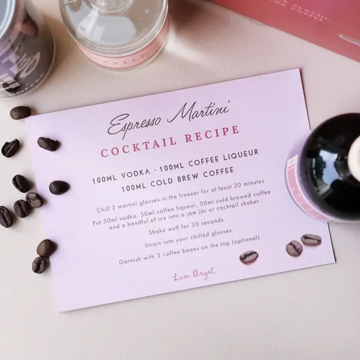Recipe Card from the Espresso Martini Cocktail Kit