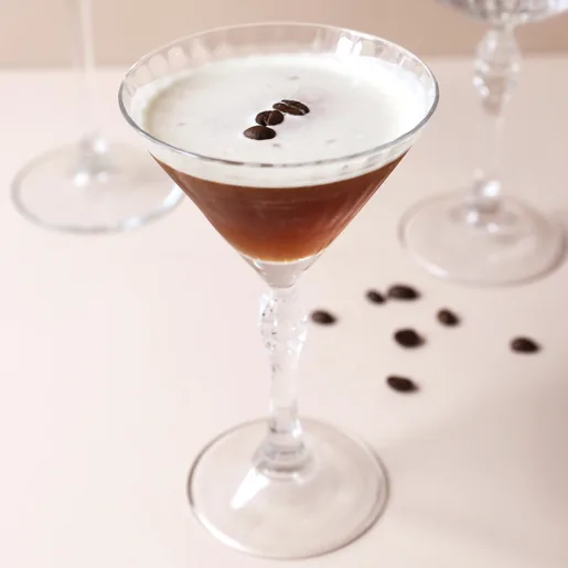 Finished espresso martini made using the Espresso Martini Cocktail Kit