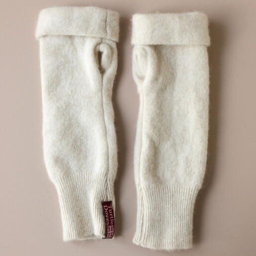 Turtle Doves Neutral Cashmere Fingerless Gloves on Neutral Background