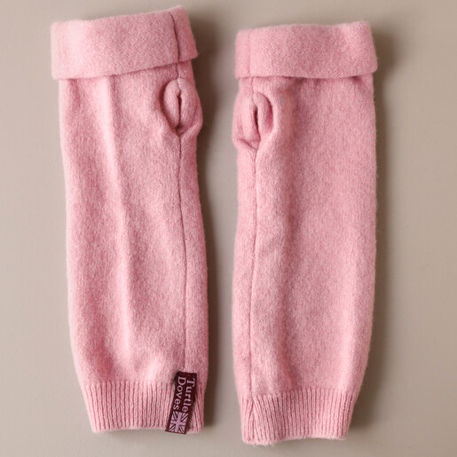 Turtle Doves Pink Cashmere Fingerless Gloves on Neutral Background