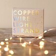 30 Battery Powered LED Copper Wire String Lights and Packaging on Wooden Table