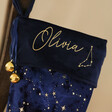 Close Up of Personalisation on the Navy Blueon Personalised Constellation Starry Velvet Christmas Stocking 