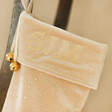 Close Up of Cream Blue Personalised Large Starry Velvet Christmas Stocking
