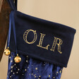 Close Up of Navy Blue Personalised Large Starry Velvet Christmas Stocking