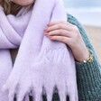 Close Up of Model Wearing Personalised Initials Pastel Lilac Winter Scarf