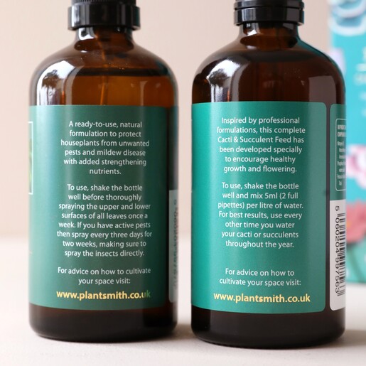 Close Up of Ingredients and Instructions on Bottles From Plantsmith Cacti & Succulent Care Gift Cracker