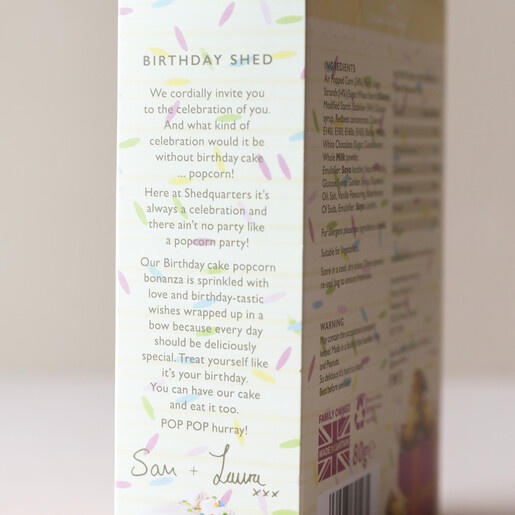 Information on Side of Birthday Cake Popcorn Box Information on Side of Popcorn Shed Birthday Cake Gourmet Popcorn Box