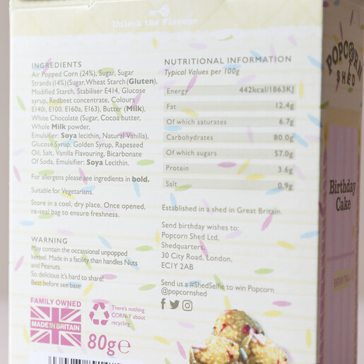 Ingredients Info on Side of Popcorn Box Ingredients Info on Side of Popcorn Shed Birthday Cake Gourmet Popcorn Box