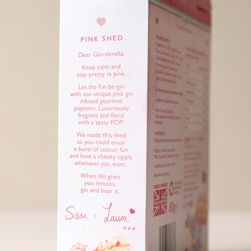 Text on Side of Popcorn Shed Pink Gin Gourmet Popcorn Box