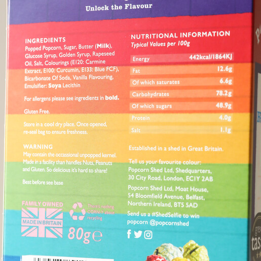 Ingredients Info on Back of Popcorn Shed Rainbow Gourmet Popcorn Box