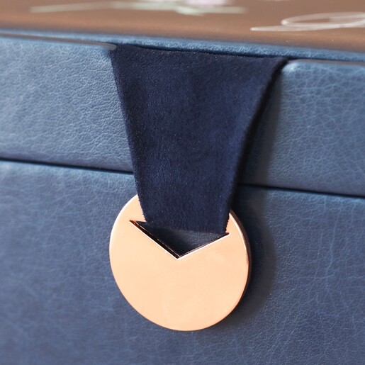 Close Up of Clasp Feature on Navy Personalised Birth Flower Two Tier Jewellery Box