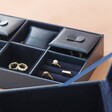 Lidded Compartments in the Personalised Birth Flower Two Tier Jewellery Box in Navy Blue