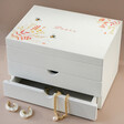 Personalised Watercolour Florals White Jewellery Box on Neutral Background