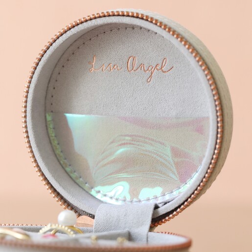Inside Lid of Case Inside Lid on Mini Round Travel Jewellery Case in Grey