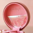Inside of Lid on Mini Round Travel Jewellery Case in Pink with Iridescent Pouch