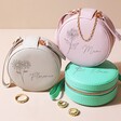Group Shot of Personalised Birth Flower Mini Round Travel Jewellery Case in 3 Colours