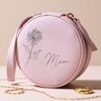 Lilac Pink Chrysanthemum Personalised Birth Flower Mini Round Travel Jewellery Case on Neutral Background