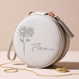 Grey Daisy Personalised Birth Flower Mini Round Travel Jewellery Case on Neutral Background
