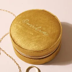 Personalised Mustard Velvet Round Travel Jewellery Case