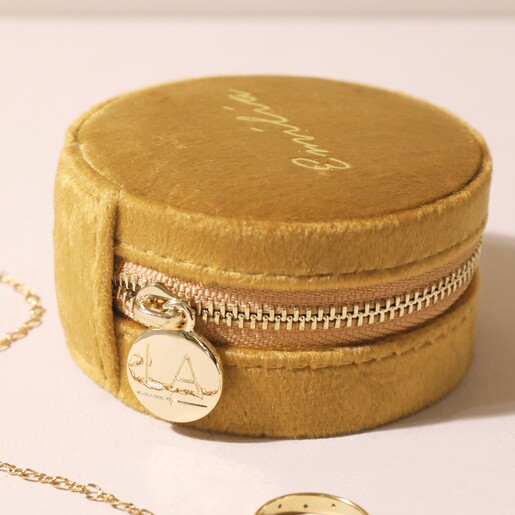 Gold Zip on Personalised Mustard Velvet Round Travel Jewellery Case