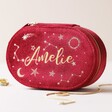 Personalised Starry Night Velvet Oval Jewellery Case in Red on Neutral Background