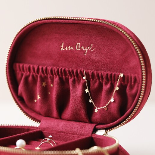 Elasticated Compartment Inside Lid of Personalised Starry Night Velvet Oval Jewellery Case in Red