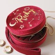 Personalised Starry Night Velvet Round Jewellery Case in Red Unzipped and Filled With Gold Jewellery