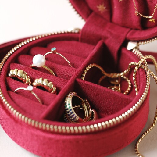 Compartments Inside Personalised Starry Night Velvet Round Jewellery Case in Red