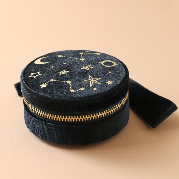 Starry Night Velvet Mini Round Jewellery Case in Black Starry Night Velvet Mini Round Jewellery Case in Black