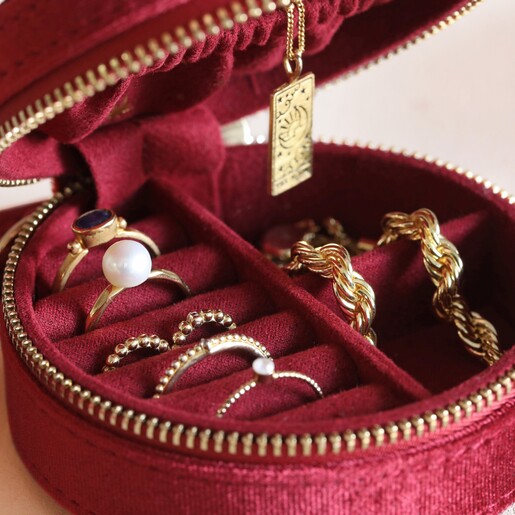 Close Up of Ring Rolls in the Starry Night Velvet Mini Round Jewellery Case in Red