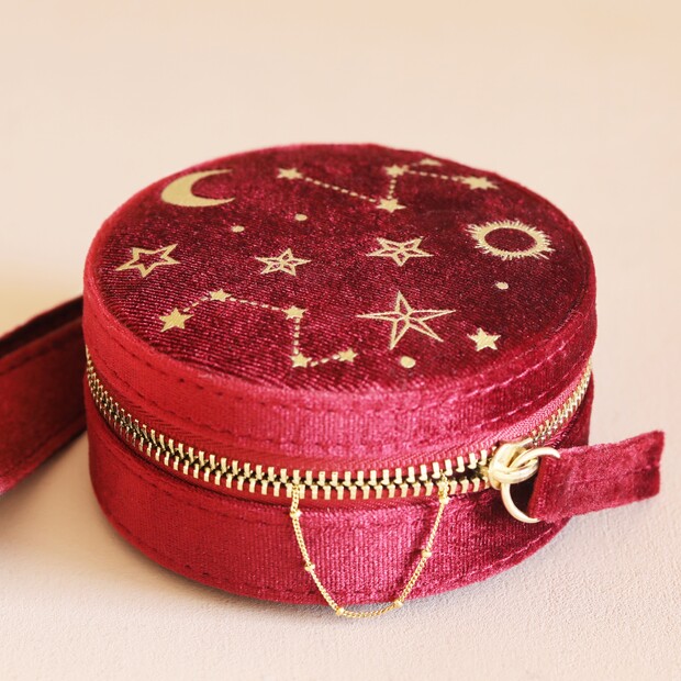 Starry Night Velvet Mini Round Jewellery Case in Red Starry Night Velvet Mini Round Jewellery Case in Red