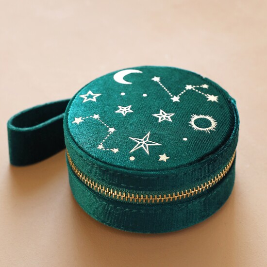 Teal Starry night printed velvet round jewellery case