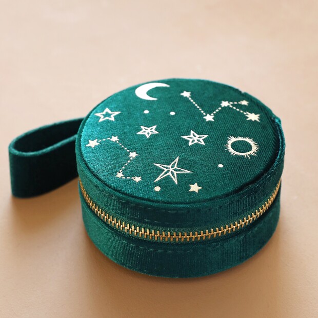 Starry Night Velvet Mini Round Jewellery Case in Teal