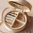 Gold Jewellery Inside Sun and Moon Embroidered Round Jewellery Case in Beige