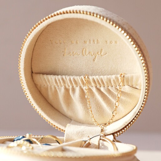 Necklace Pouch Inside Sun and Moon Embroidered Round Jewellery Case in Beige