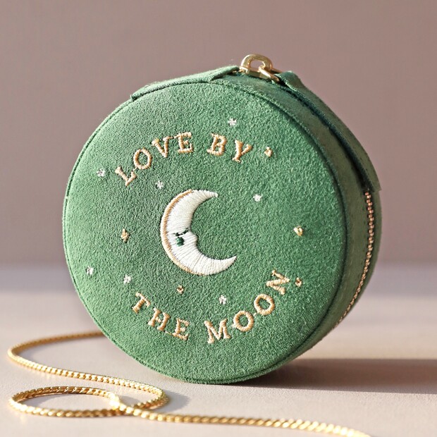 Sun and Moon Embroidered Round Jewellery Case in Green Sun and Moon Embroidered Round Jewellery Case in Green