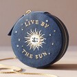 Sun and Moon Embroidered Round Jewellery Case in Navy on Neutral Background
