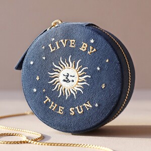 Sun and Moon Embroidered Round Jewellery Case in Navy