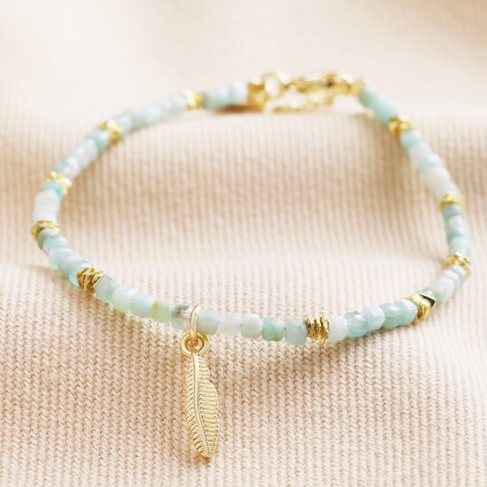 Amazonite Beaded Bracelet with Feather Charm in Gold