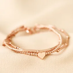 Heart Beaded Triple Layered Bracelet in Rose Gold