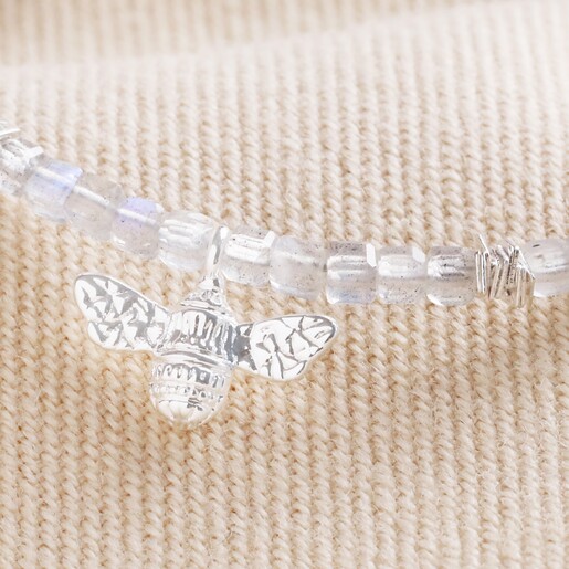 Close Up of Bee Charm on Labradorite Stone Bracelet with Bee Charm in Silver