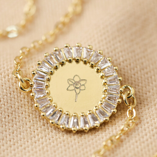 Close Up of Personalised Birth Flower Crystal Edge Disc Bracelet in Gold