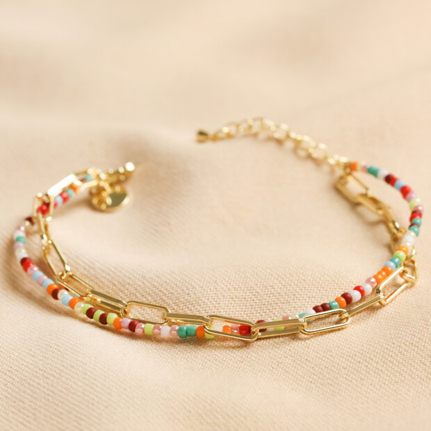 Rainbow Bead and Chain Layered Bracelet in Gold Rainbow Bead and Chain Layered Bracelet in Gold